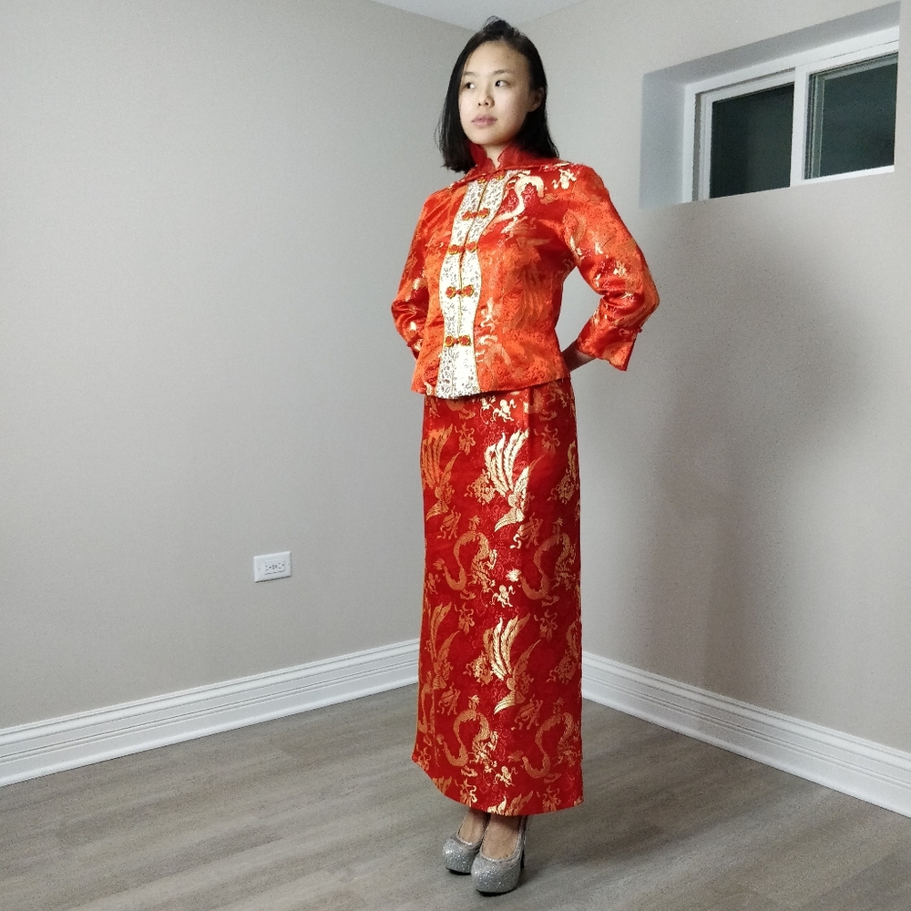 Cheongsam qipao 2 pc wedding gold dragon phoenix